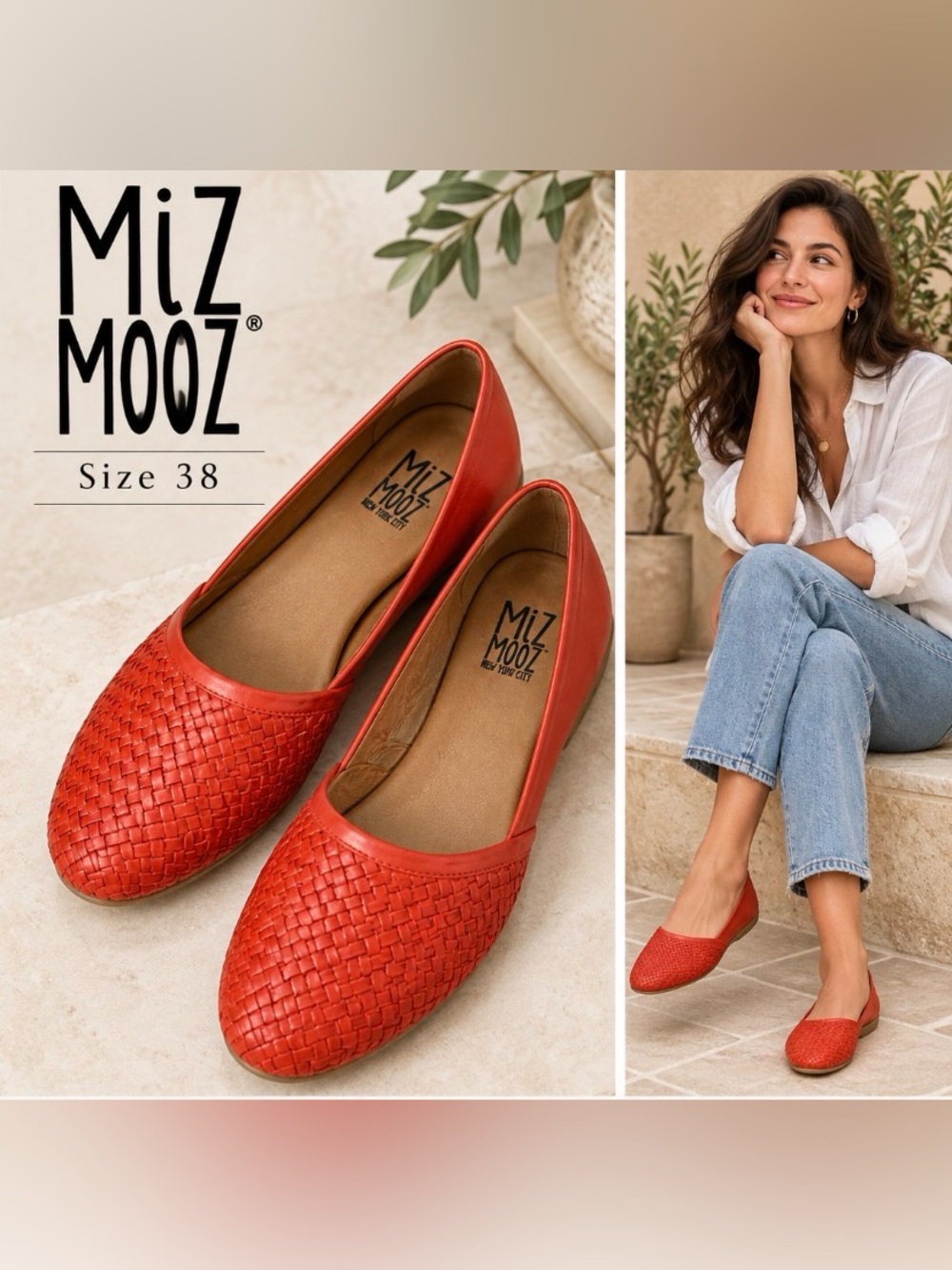Miz Mooz Coral-Red Woven Leather Flats - Size 38